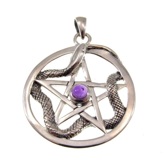 Solid 925 Sterling Silver Weaving Snake Pentacle Pentagram Pendant with Gemstone - Picture 6 of 8